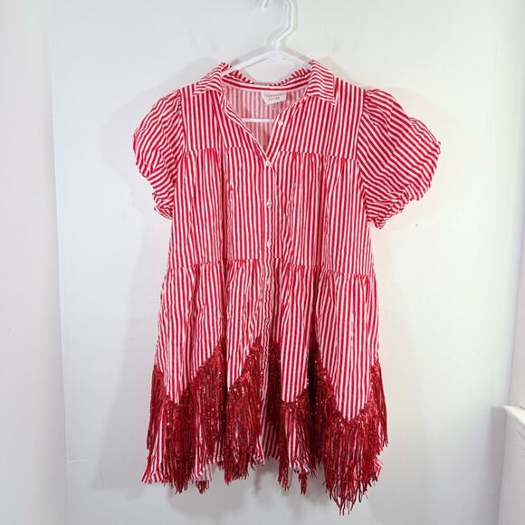 Fantastic Fawn Red White Stripe Sequin Tassel Fringe Shirt Dress Small College - Picture 2 of 14